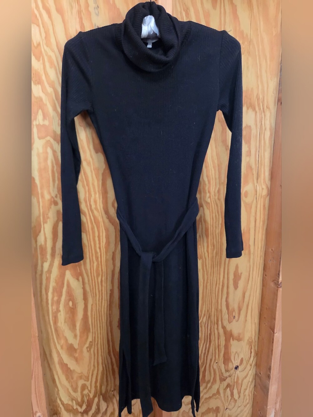GB Gianni Bini Black Ribbed Turtleneck Sweater Dress Small Tie Belt Knit Midi